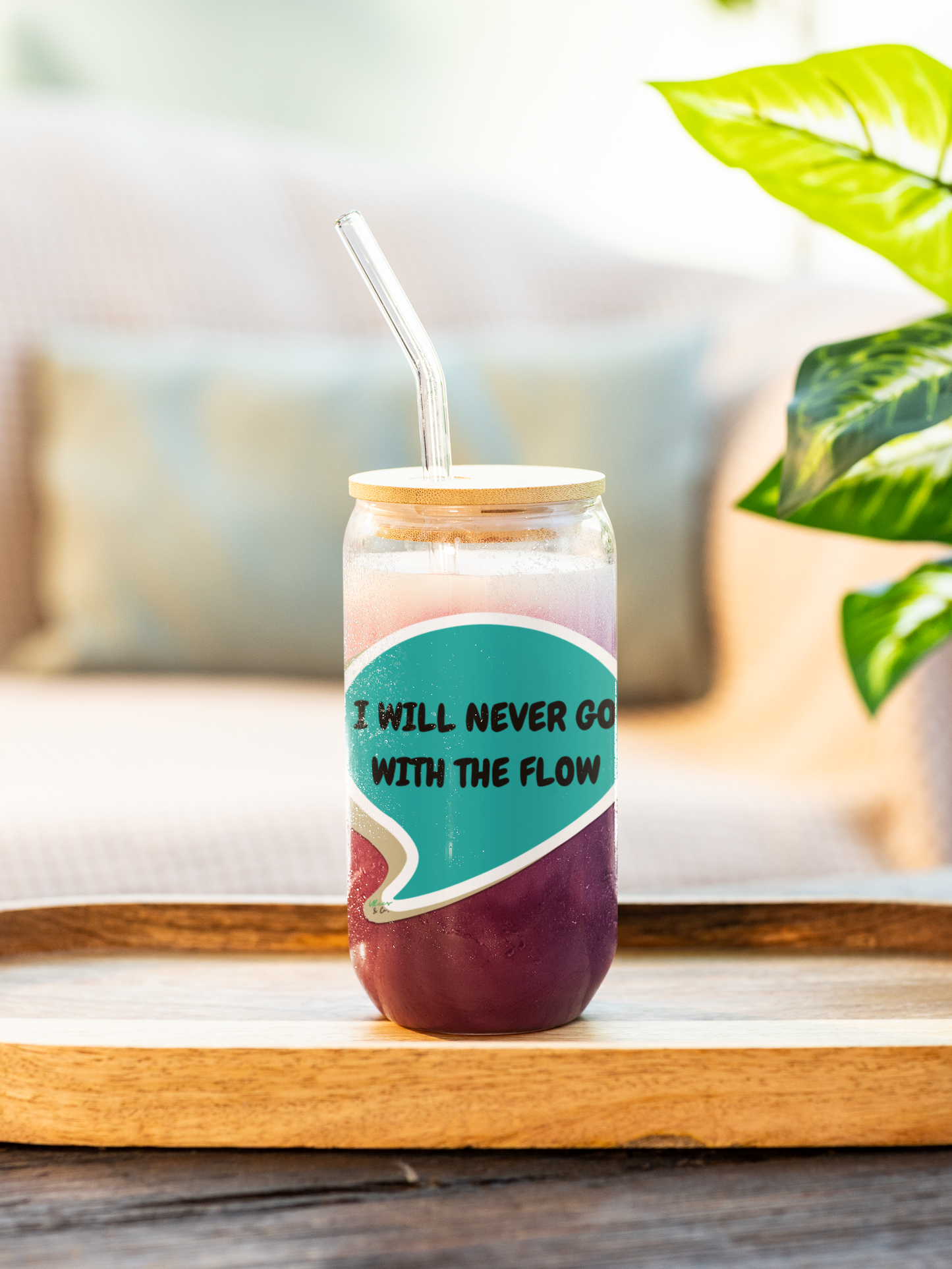I WILL NEVER GO WITH THE FLOW SIPPER GLASS 16oz SPEECH BUBBLE ICED GLASS ICED COFFEE GLASSES DRINKWARE BAMBOO LID WITH STRAW