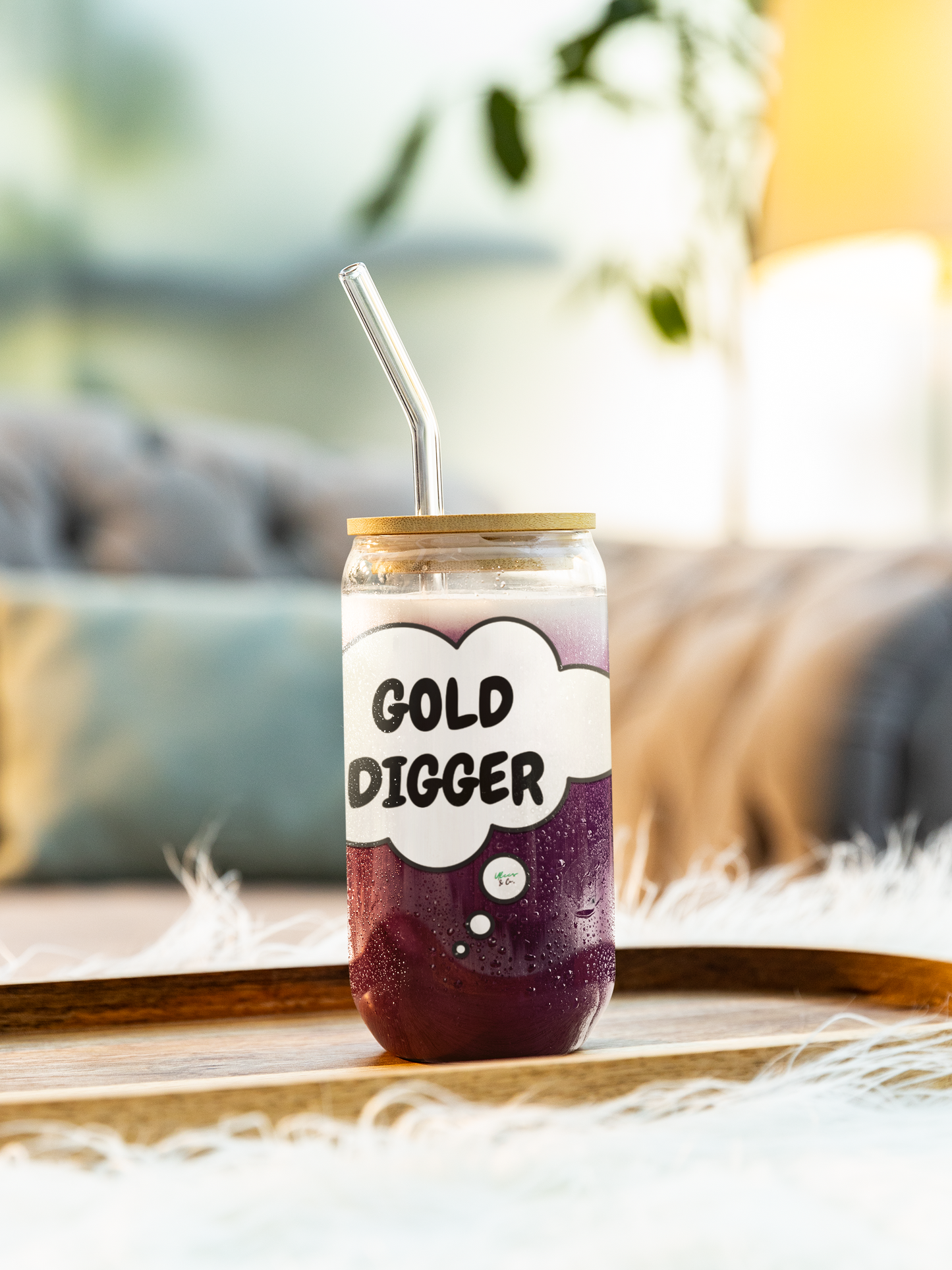 GOLD DIGGER SIPPER GLASS 16oz THOUGHT BUBBLE FUNNY SAYINGS GLASSWARE ICED GLASS SARCASM ICED COFFEE GLASSES SARCASTIC SAYINGS DRINKWARE BAMBOO LID WITH STRAW GLASS CAN TUMBLERS
