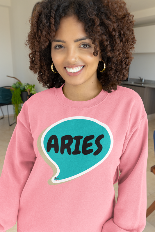 ARIES ZODIAC SIGN IN SPEECH BUBBLE UNISEX CREWNECK PULLOVER SWEATSHIRT TRENDY SWEATERS ARIES SIGN BIRTHDAY GIFTS ARIES ZODIAC SYMBOLS SWEATSHIRT ASTROLOGY ARIES SIGNS SWEATSHIRTS ZODIAC ARIES SEASON