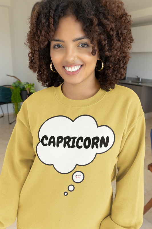 CAPRICORN ZODIAC SIGN IN THOUGHT BUBBLE UNISEX PULLOVER SWEATSHIRT CAPRICORN SIGN CREWNECK SWEATERS FOR GIFT BIRTHDAY GIFT CAPRICORN HOROSCOPE SIGN SWEATSHIRTS GIFTS FOR WOMEN GIFT FOR MEN ZODIAC SIGN SWEATERS