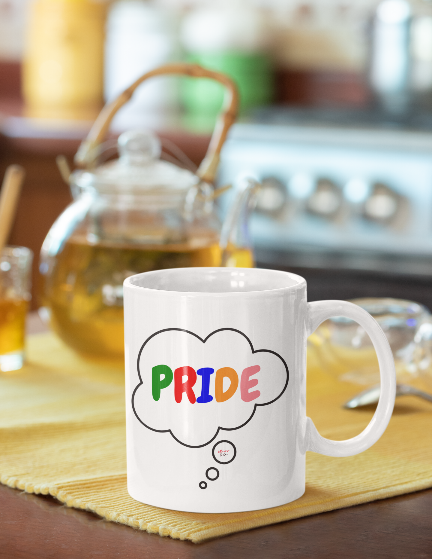 PRIDE COFFEE MUG IN THOUGHT BUBBLE RAINBOW MUG LGBTQ CERAMIC MUG 11oz PRIDE MONTH COFFEE MUG