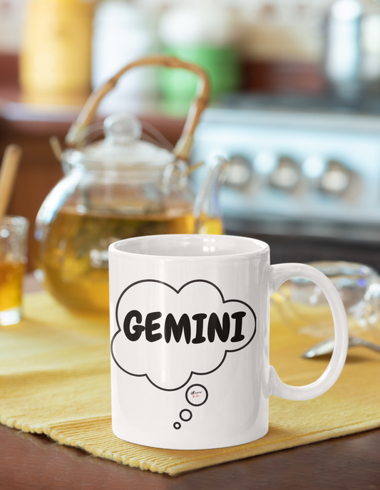 GEMINI ZODIAC SIGN COFFEE MUG IN THOUGHT BUBBLE GIFT FOR COFFEE DRINKER BIRTHDAY SIGN CERAMIC MUG 11oz GEMINI ZODIAC SIGN HOROSCOPE ON COFFEE MUG FOR COFFEE LOVERS