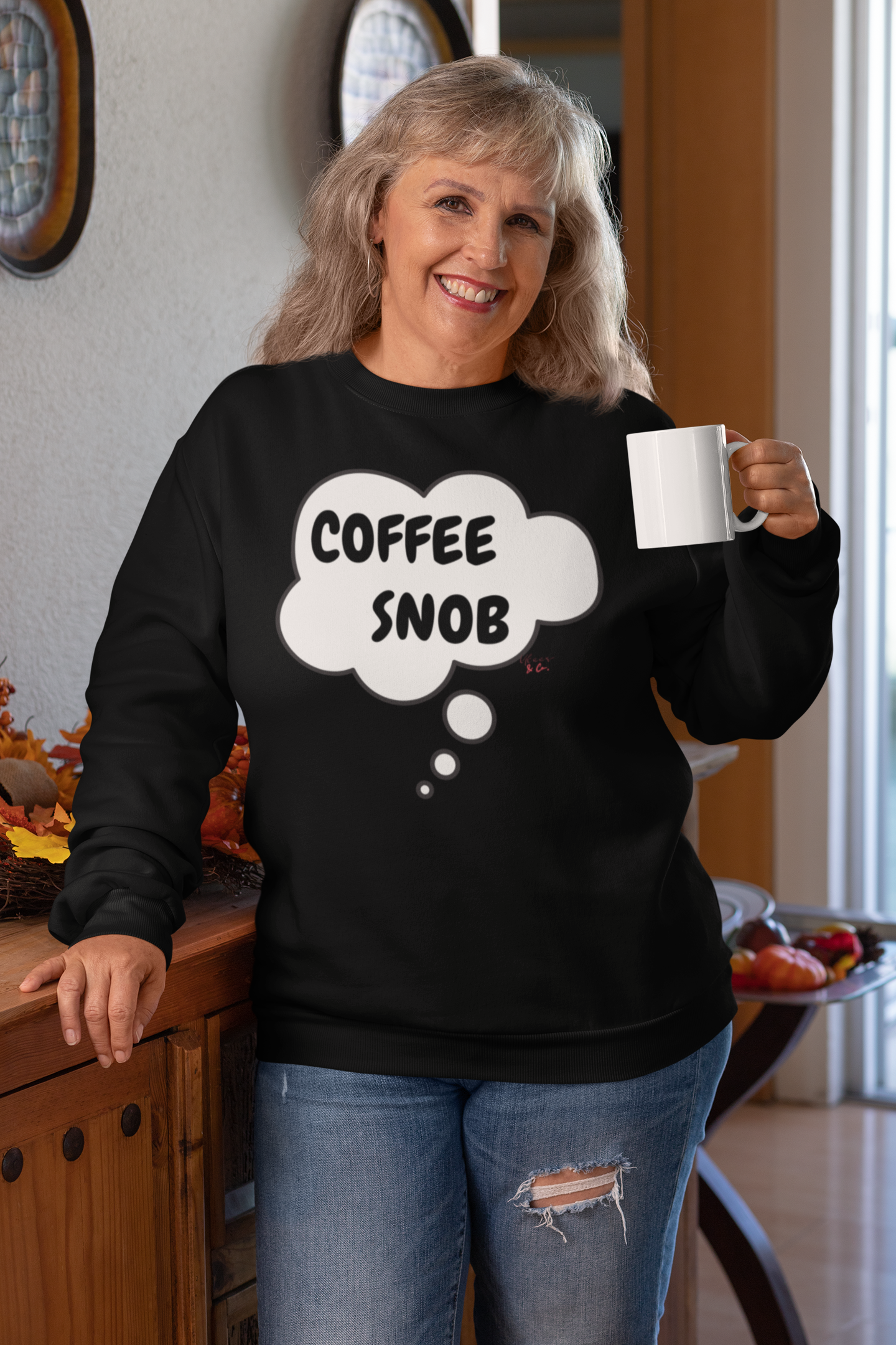 COFFEE SNOB THOUGHT BUBBLE UNISEX PULLOVER CREWNECK SWEATSHIRT SARCASTIC SWEATER FOR COFFEE DRINKERS GIFT FOR HIM FUNNY SWEATSHIRT FOR HER CAFFEINE LOVER SWEATER