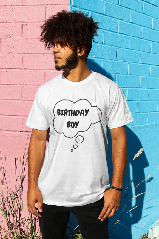 BIRTHDAY BOY T-SHIRT IN THOUGHT BUBBLE UNISEX TSHIRT BIRTHDAY CELEBRATION TEE GIFT FOR MEN HAPPY BIRTHDAY TSHIRT