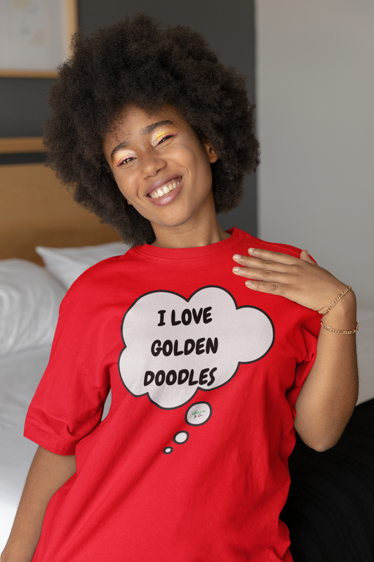 I LOVE GOLDEN DOODLES T-SHIRT UNIQUE GRAPHIC UNISEX THOUGHT BUBBLE DESIGN SHIRT STREETWEAR FASHION PET GIFTS DOG MOM TEE SHIRTS FOR WOMEN DOG DAD GIFT FOR MEN CLOTHING BRAND PET PARENTS