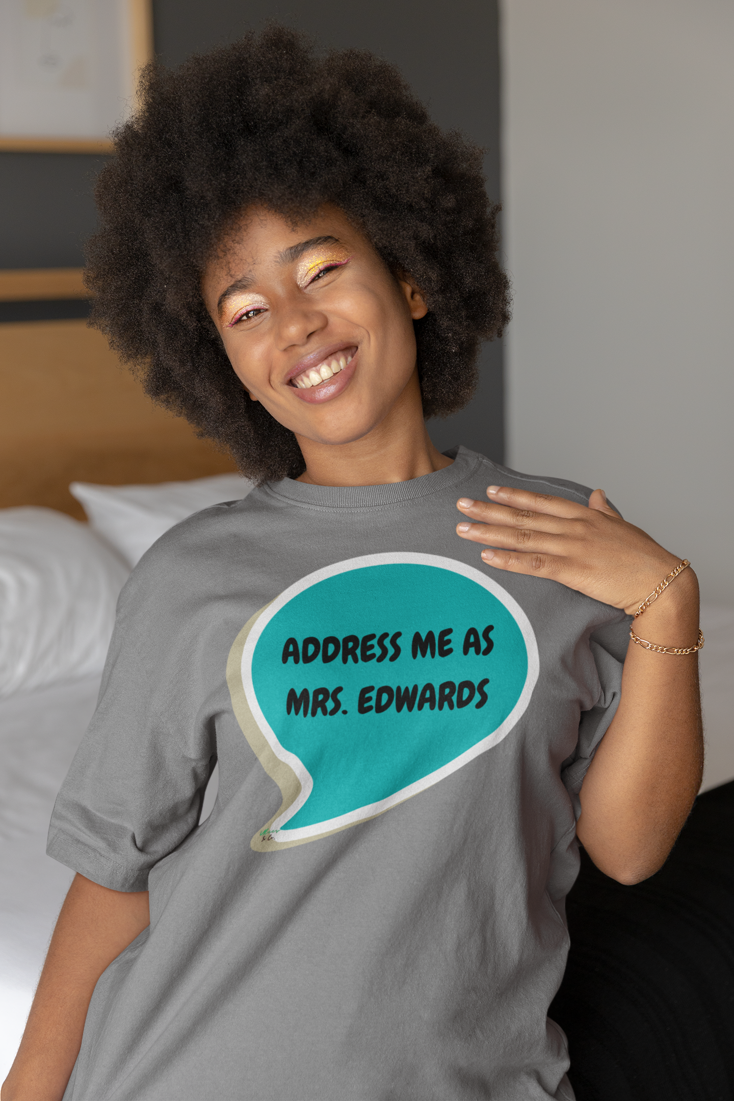 CUSTOM BRIDAL GIFT WEDDING T-SHIRTS GIFT FOR BRIDE ADDRESS ME AS MRS. EDWARDS GRAPHIC UNISEX T-SHIRT PERSONALIZED T-SHIRT IN THOUGHT BUBBLE GIFT FOR BACHELORETTE CUSTOM TEE FOR FINANCEE CUSTOMIZED GIFTS FOR WEDDING