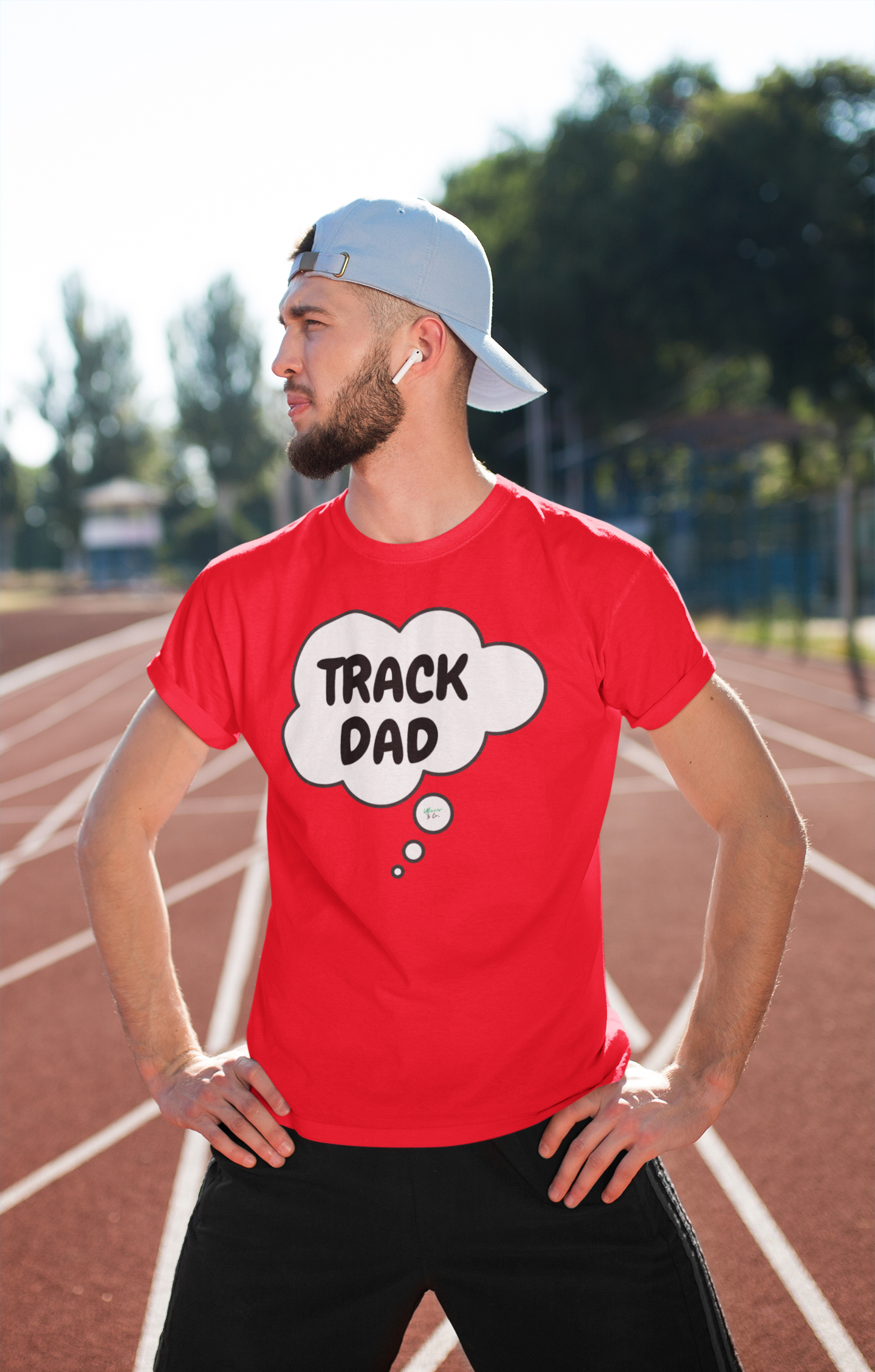 TRACK DAD T-SHIRTS TRACKSTAR DAD TSHIRT UNIQUE GRAPHIC UNISEX TEES IN THOUGHT BUBBLE DESIGN FIRST TIME DAD T-SHIRT TRACK RUNNER TEES FATHER'S DAY GIFT FOR MEN SHIRTS GIFTS FOR NEW FATHER TSHIRTS GIFTS FOR MEN CELEBRATION GIFTS FOR DAD
