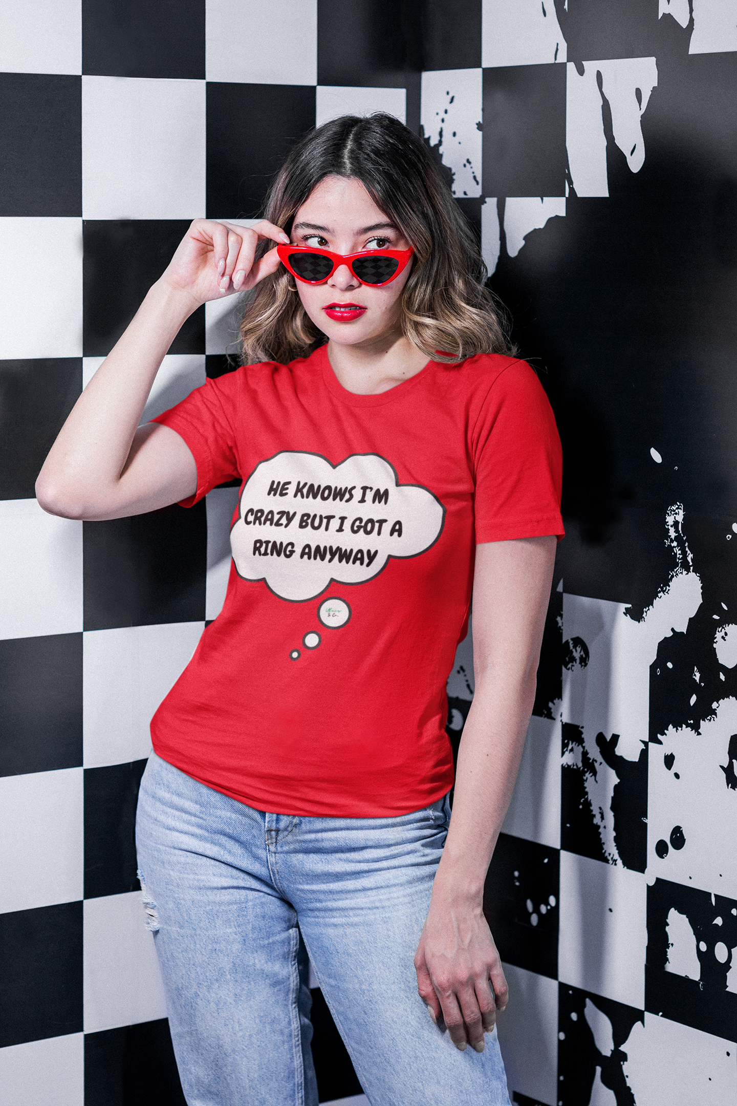 HE KNOWS I'M CRAZY BUT I GOT A RING ANYWAY T-SHIRT IN THOUGHT BUBBLE FIANCÉE TSHIRT GIFT FOR A GIRLFRIEND GIFT FOR BACHELORETTE PARTY T SHIRT FOR BRIDAL PARTY GIFT