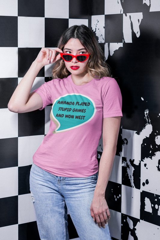 AMANDA PLAYED STUPID GAMES AND WON WEST T-SHIRT SUMMER HOUSE INSPIRED TEES IN SPEECH BUBBLE BRAVO DRAMA TEE SHIRTS UNIQUE GRAPHIC UNISEX T-SHIRTS GIFT FOR CIARA MILLER AMANDA BATULA WEST WILSON MEN GIFT FOR WOMEN TEE FOR MEN
