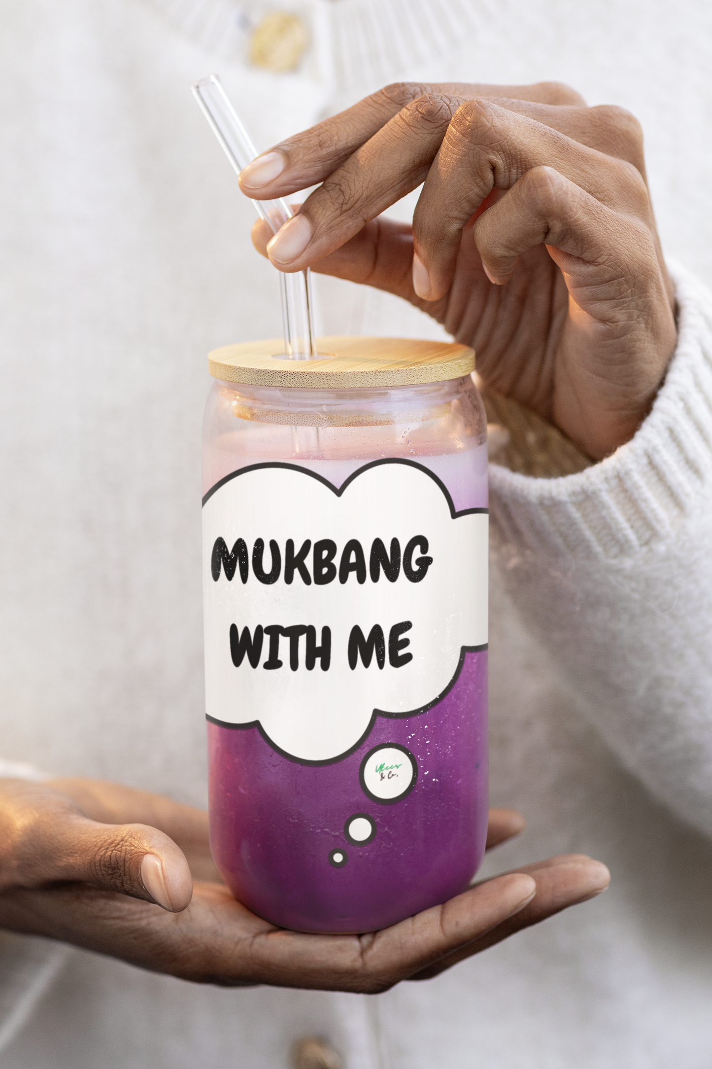MUCKBANG WITH ME SIPPER GLASS 16oz THOUGHT BUBBLE FUNNY SAYINGS GLASSWARE ICED GLASS SARCASM ICED COFFEE GLASSES SARCASTIC SAYINGS DRINKWARE BAMBOO LID WITH STRAW GLASS CAN TUMBLERS