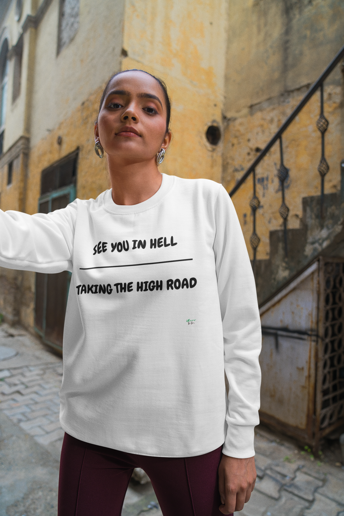 SEE YOU IN HELL OVER TAKING THE HIGH ROAD SWEATSHIRT IN TEXT ONLY GRAPHIC UNISEX CREWNECK PULLOVER SWEATSHIRT FUNNY SAYINGS SWEATSHIRTS SWEATER SARCASTIC SAYINGS SWEATSHIRTS FOR WOMEN SWEATSHIRTS FOR MEN GIFT IDEAS