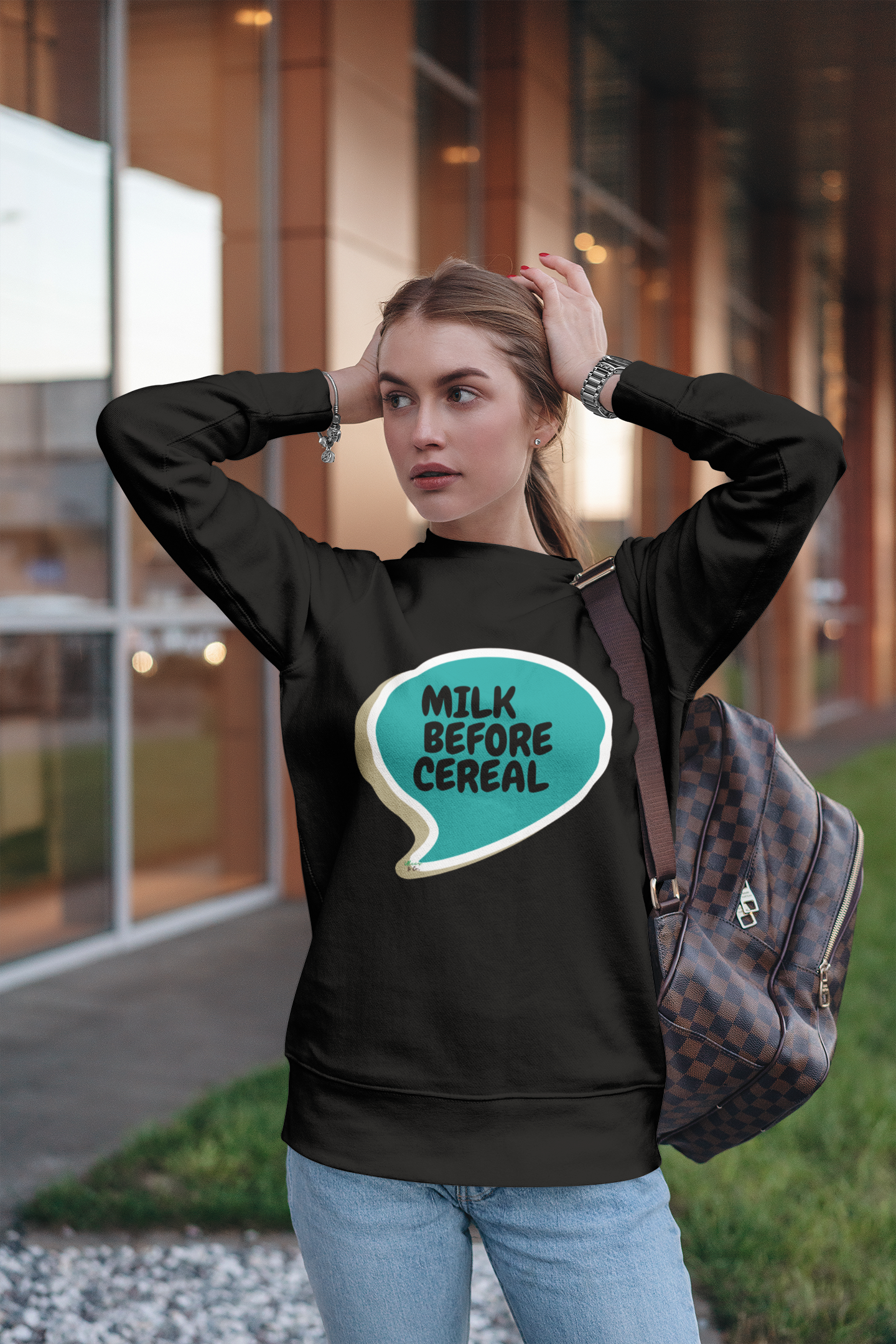 MILK BEFORE CEREAL SWEATSHIRT IN SPEECH BUBBLE UNIQUE GRAPHIC UNISEX CREWNECK PULLOVER STREETWEAR FASHION SWEATSHIRT BREAKFAST FOODS SWEATER SWEATSHIRTS CEREAL SWEATSHIRTS FOR WOMEN SWEATSHIRTS FOR MEN GIFT IDEAS FOR WOMEN MEN'S WEAR WOMEN'S WEAR