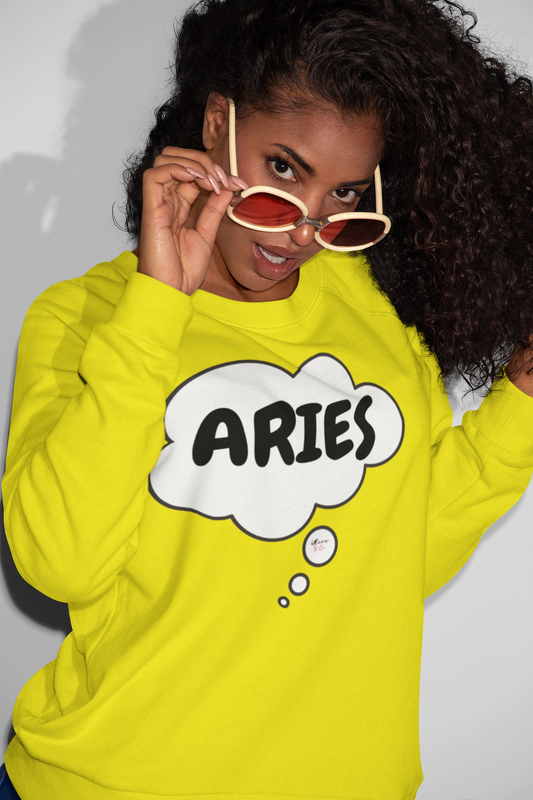 ARIES ZODIAC SIGN IN THOUGHT BUBBLE UNISEX CREWNECK PULLOVER SWEATSHIRT GIFT FOR WOMEN HOROSCOPE ARIES SIGN SWEATERS FOR MEN ASTROLOGY ARIES SIGN SWEATSHIRTS