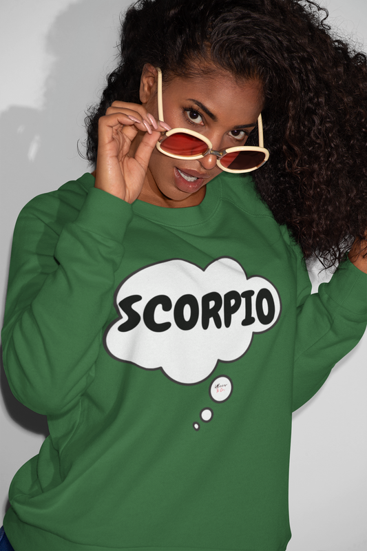 SCORPIO ZODIAC SIGN SWEATSHIRT IN THOUGHT BUBBLE SWEATSHIRT PULLOVER SWEATER BIRTHDAY SCORPIO SIGN FOR GIFT HOROSCOPE SCORPIO SIGN UNISEX CREWNECK SWEATSHIRT CONSTELLATION SCORPIO SIGNS ASTROLOGY SCORPIO SIGNS SWEATSHIRTS