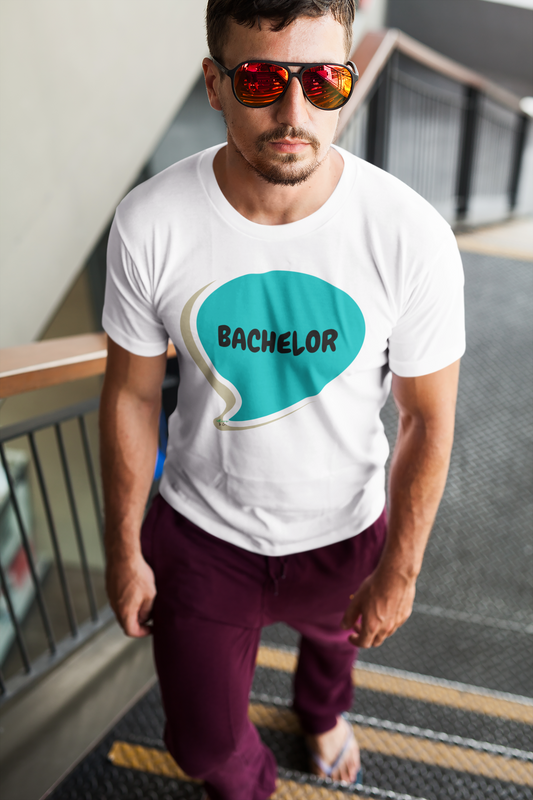 BACHELOR IN SPEECH BUBBLE GRAPHIC UNISEX T-SHIRT BRIDAL SHOWER GIFT TEES GROOM TO BE TEES FOR WOMAN SHIRTS GIFTS WEDDING GIFTS SHIRTS FOR GROOMS FOR WOMEN