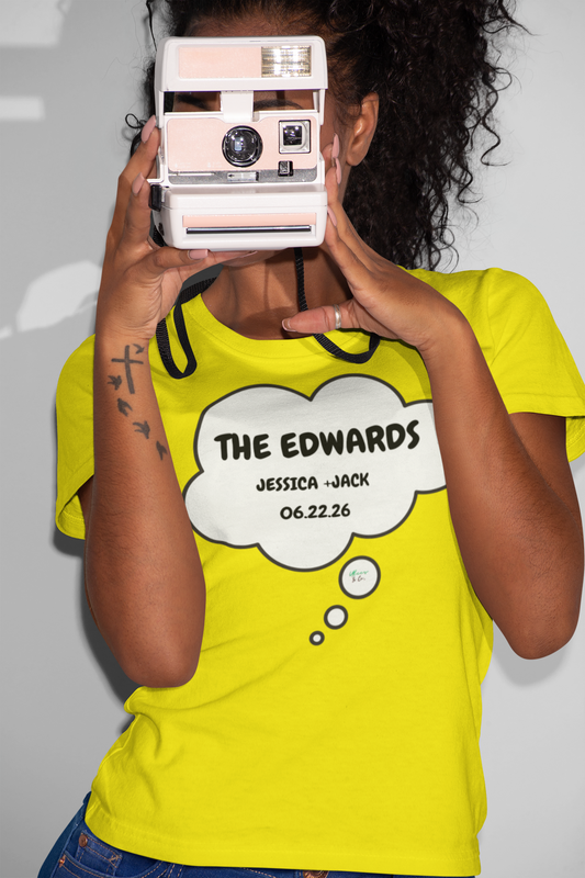 PERSONALIZED MARRIED COUPLE NAMES WEDDING DATES CUSTOMIZE GRAPHIC UNISEX T-SHIRT THOUGHT BUBBLE CUSTOM SHIRT FOR COUPLES UNIQUE GIFT FOR MARRIED COUPLE GIFT FOR BRIDE AND GROOM CUSTOM GIFT FOR MARRIED COUPLES