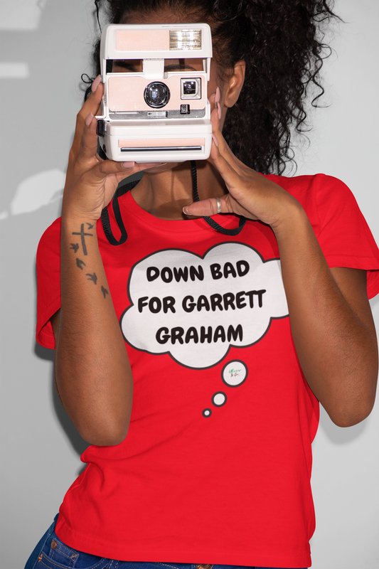 DOWN BAD FOR GARRETT GRAHAM T-SHIRT HOCKEY PLAYER UNIQUE GRAPHIC UNISEX THOUGHT BUBBLE SHIRT STREETWEAR FASHION OFF CAMPUS TEES OFF CAMPUS SERIES HOCKEY TEAM TEES BIRTHDAY GIFTS FOR WOMEN GIFT FOR MEN