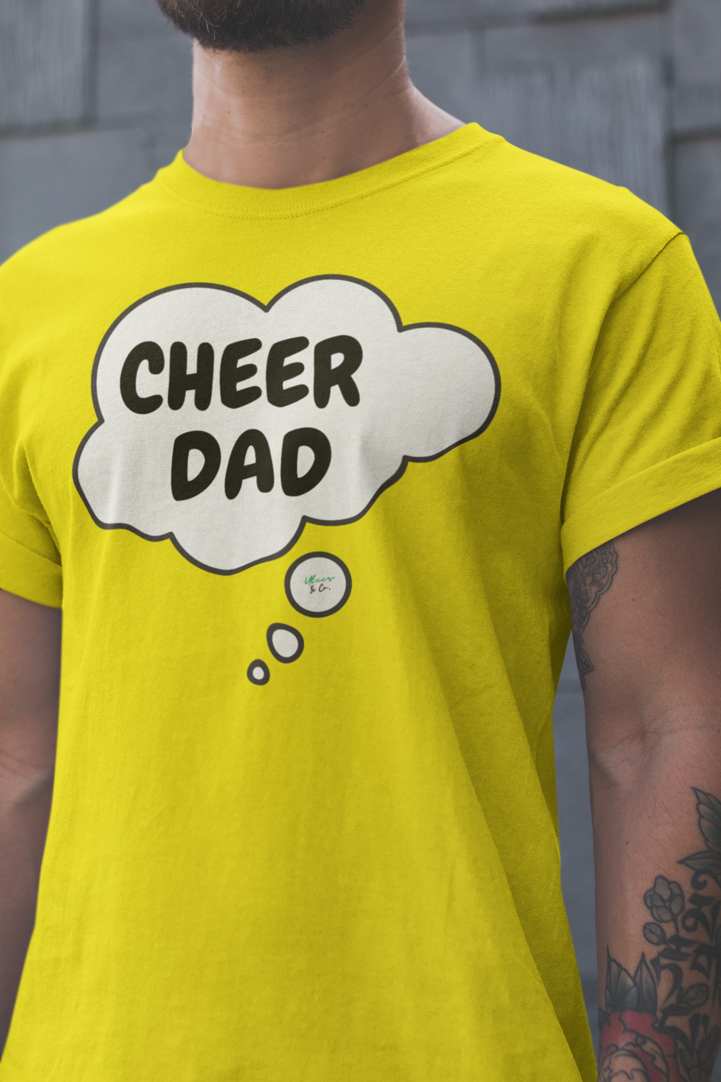 CHEER DAD T-SHIRTS CHEERLEADER DAD TSHIRT UNIQUE GRAPHIC UNISEX TEES IN THOUGHT BUBBLE DESIGN FIRST TIME DAD T-SHIRT CHEER FANS TEES FATHER'S DAY GIFT FOR MEN SHIRTS GIFTS FOR NEW FATHER TSHIRTS GIFTS FOR MEN CELEBRATION GIFTS FOR DAD