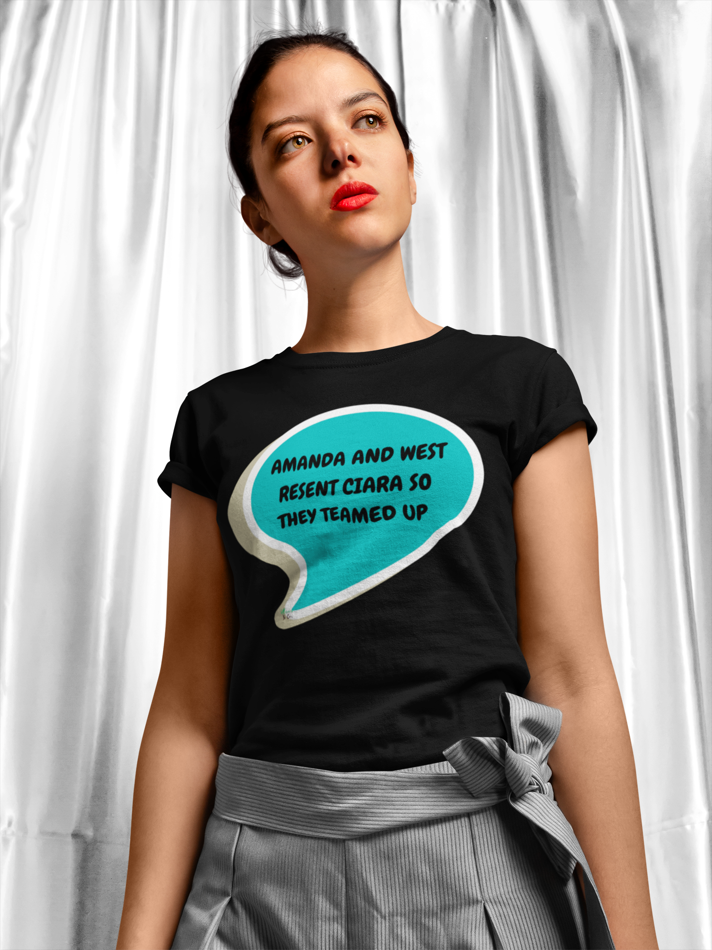 AMANDA AND WEST RESENT CIARA SO THEY TEAMED UP T-SHIRT SUMMER HOUSE INSPIRED TEES IN SPEECH BUBBLE BRAVO DRAMA TEE SHIRTS UNIQUE GRAPHIC UNISEX T-SHIRTS GIFT CIARA MILLER AMANDA BATULA WEST WILSON MEN GIFT FOR WOMEN CUSTOM SHIRTS