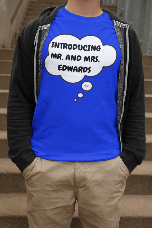 PERSONALIZED INTRODUCING MR. AND MRS. T-SHIRT CUSTOM BRIDAL GIFT WEDDING T-SHIRTS GIFT FOR BRIDE GRAPHIC UNISEX T-SHIRT CUSTOMIZED T-SHIRT IN THOUGHT BUBBLE GIFT FOR BACHELORETTE GIFT FOR WIFE TEE FOR FINANCEE CUSTOMIZED GIFTS FOR WEDDING GIFT FOR HUSBAND
