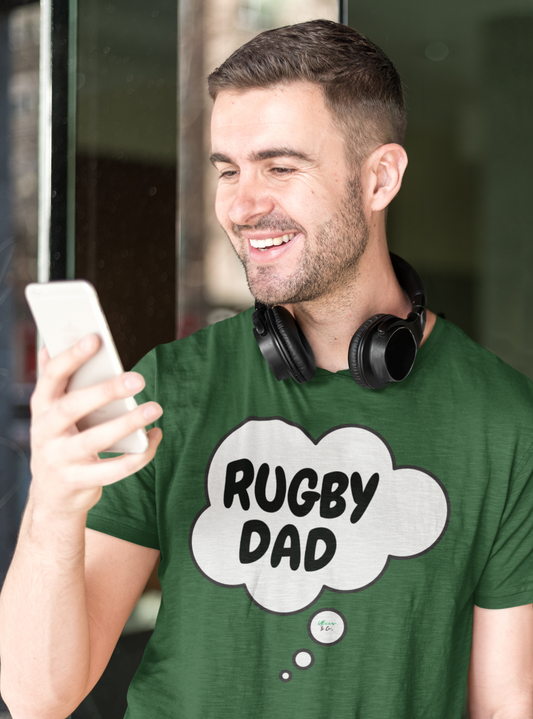 RUGBY DAD T-SHIRTS RUGBY SPORT DAD TSHIRT UNIQUE GRAPHIC UNISEX TEES IN THOUGHT BUBBLE DESIGN FIRST TIME DAD T-SHIRT RUGBY TEES FATHER'S DAY GIFT FOR MEN SHIRTS GIFTS FOR NEW FATHER TSHIRTS GIFTS FOR MEN CELEBRATION GIFTS FOR DAD