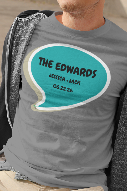 PERSONALIZED MARRIED COUPLE NAMES WEDDING DATES CUSTOMIZE GRAPHIC UNISEX T-SHIRT SPEECH BUBBLE CUSTOM SHIRT FOR COUPLES UNIQUE GIFT FOR MARRIED COUPLE GIFT FOR BRIDE AND GROOM CUSTOM GIFT FOR MARRIED COUPLES