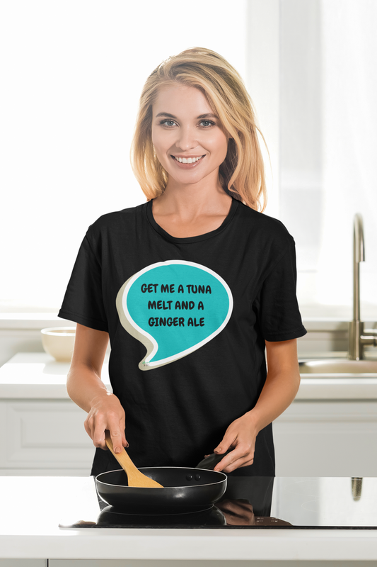 GET ME A TUNA MELT AND A GINGER ALE T-SHIRT IN SPEECH BUBBLE GRAPHIC UNISEX T-SHIRT HEATED RIVALRY GIFT SHIRTS SHANE HOLLANDER TEE FOR WOMEN FOR MEN HOCKEY PLAYER SHIRTS FOR GIFTS JERSEY NUMBER T-SHIRT HOCKEY ROMANCE FAN MERCH