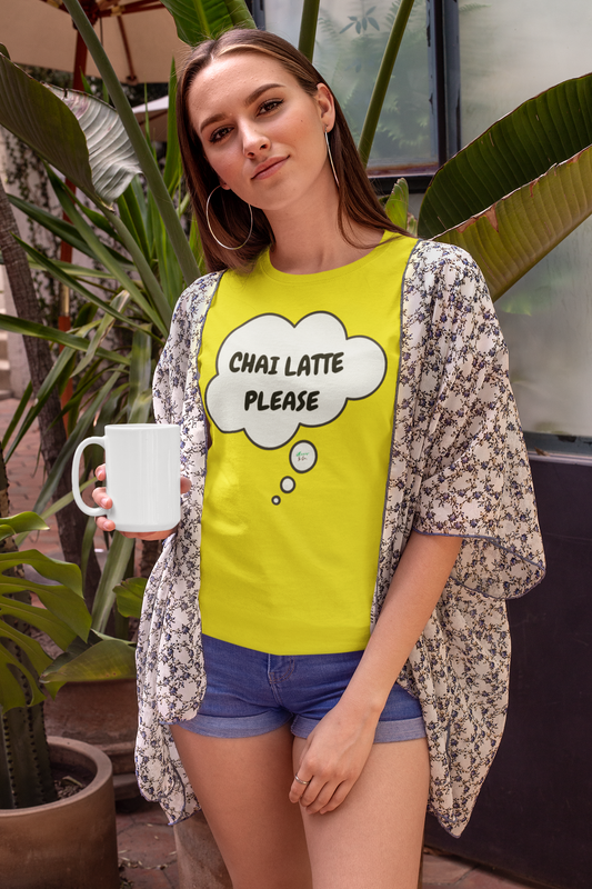 CHAI LATTE PLEASE IN THOUGHT BUBBLE GRAPHIC UNISEX T-SHIRT COFFEE LOVER TEES GIFT FOR WOMAN SHIRTS GIFTS CAFFEINE LOVERS TSHIRTS FOR MEN COFFEE DRINKER GIFTS