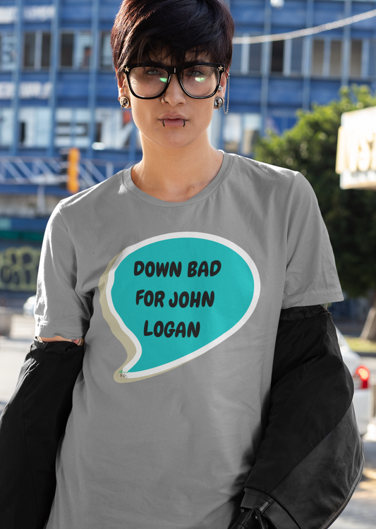 DOWN BAD FOR JOHN LOGAN T-SHIRT HOCKEY PLAYER UNIQUE GRAPHIC UNISEX SPEECH BUBBLE SHIRT STREETWEAR FASHION OFF CAMPUS TEES OFF CAMPUS SERIES HOCKEY TEAM TEES BIRTHDAY GIFTS FOR WOMEN GIFT FOR MEN